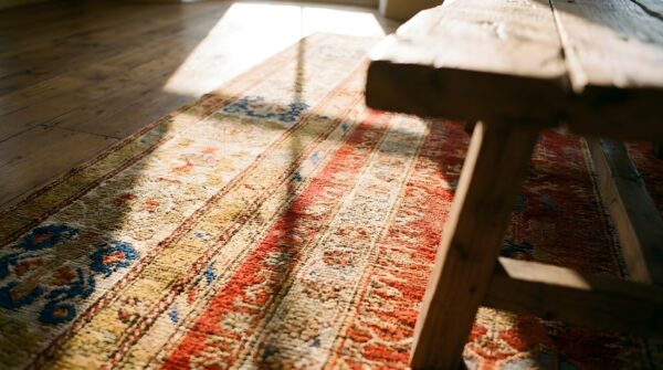 Small tribal geometric antique turkish muslim prayer design red kula rug (sku 23732) - in-room detail