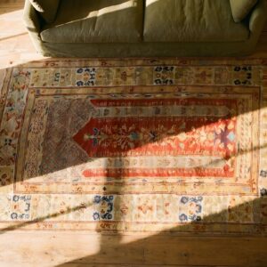 Small Tribal Geometric Antique Turkish Muslim Prayer Design Red Kula Rug (SKU 23732) - styled overhead view