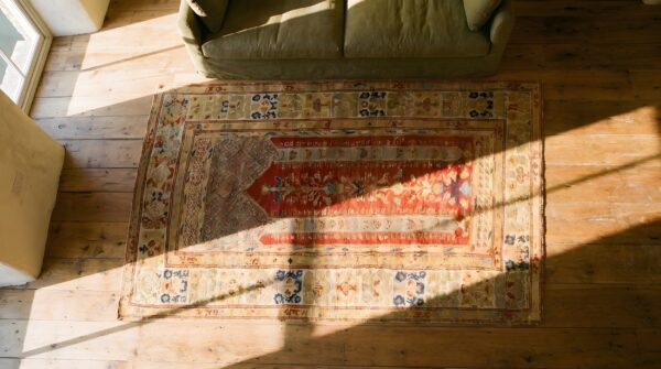 Small tribal geometric antique turkish muslim prayer design red kula rug (sku 23732) - styled overhead view