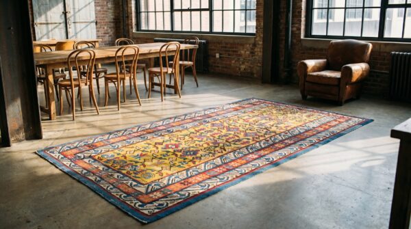 Small tribal geometric antique yellow caucasian seychour wool pile rug (sku 17900) - room view