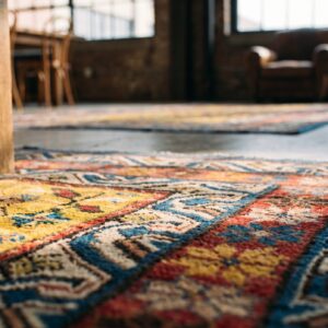 Small Tribal Geometric Antique Yellow Caucasian Seychour Wool Pile Rug (SKU 17900) - in-room detail