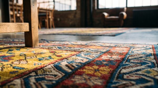Small tribal geometric antique yellow caucasian seychour wool pile rug (sku 17900) - in-room detail