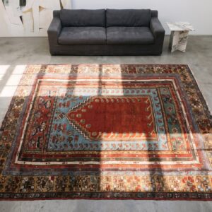 Small Tribal Antique Mid 19th Century Turkish Kirshehir Muslim Prayer Rug (SKU 21207) - styled overhead view