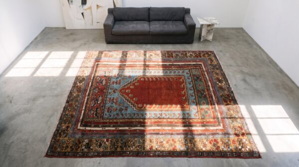 Small tribal antique mid 19th century turkish kirshehir muslim prayer rug 2 Small tribal antique mid 19th century turkish kirshehir muslim prayer rug (sku 21207) - styled overhead view