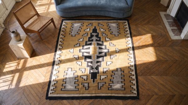 Small antique tribal navajo flatweave native american area rug 2 Small antique tribal navajo flatweave native american area rug (sku 21244) - styled overhead view