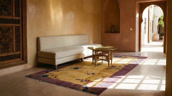 Smaller size wool pile antique chinese art deco yellow area rug 7 Smaller size wool pile antique chinese art deco yellow area rug (sku 24228) - room view