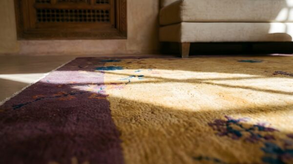 Smaller size wool pile antique chinese art deco yellow area rug 8 Smaller size wool pile antique chinese art deco yellow area rug (sku 24228) - in-room detail