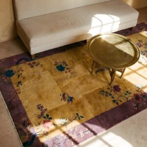 Smaller Size Wool Pile Antique Chinese Art Deco Yellow Area Rug (SKU 24228) - styled overhead view