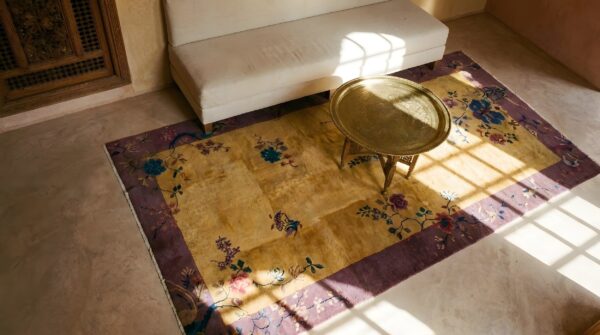 Smaller size wool pile antique chinese art deco yellow area rug 2 Smaller size wool pile antique chinese art deco yellow area rug (sku 24228) - styled overhead view