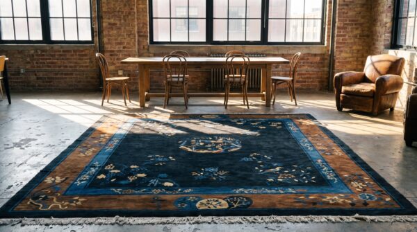 Soft wool pile antique blue field brown border chinese peking rug 7 Soft wool pile antique blue field brown border chinese peking rug (sku 23076) - room view