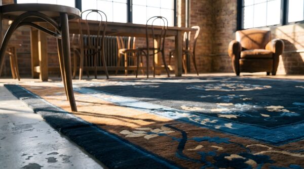 Soft wool pile antique blue field brown border chinese peking rug 8 Soft wool pile antique blue field brown border chinese peking rug (sku 23076) - in-room detail