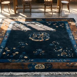 Soft Wool Pile Antique Blue Field Brown Border Chinese Peking Rug (SKU 23076) - styled overhead view
