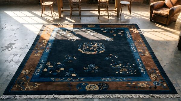 Soft wool pile antique blue field brown border chinese peking rug 2 Soft wool pile antique blue field brown border chinese peking rug (sku 23076) - styled overhead view