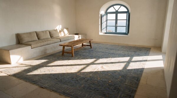 Soft color antique oversized geometric floral pattern indian dhurrie rug 7 Soft color antique oversized geometric floral pattern indian dhurrie rug (sku 20119) - room view