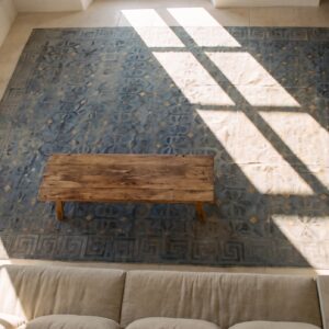 Soft Color Antique Oversized Geometric Floral Pattern Indian Dhurrie Rug (SKU 20119) - styled overhead view