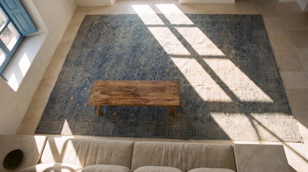 Soft color antique oversized geometric floral pattern indian dhurrie rug 2 Soft color antique oversized geometric floral pattern indian dhurrie rug (sku 20119) - styled overhead view