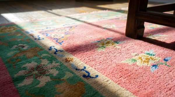 Soft coral color wool pile antique chinese art deco hallway runner rug 7 Soft coral color wool pile antique chinese art deco hallway runner rug (sku 24238) - in-room detail