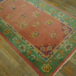 Soft Coral Color Wool Pile Antique Chinese Art Deco Hallway Runner Rug (SKU 24238) - styled overhead view