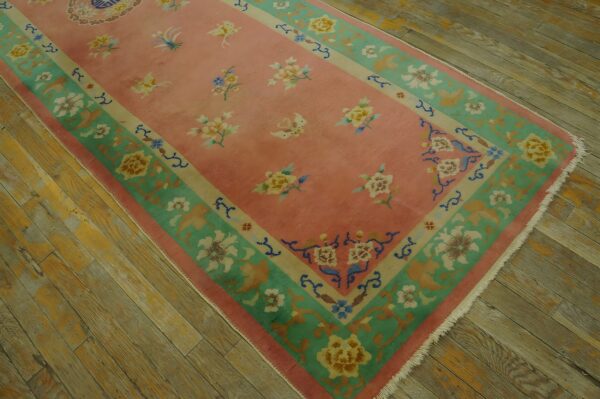 Soft coral color wool pile antique chinese art deco hallway runner rug 2 Soft coral color wool pile antique chinese art deco hallway runner rug (sku 24238) - styled overhead view