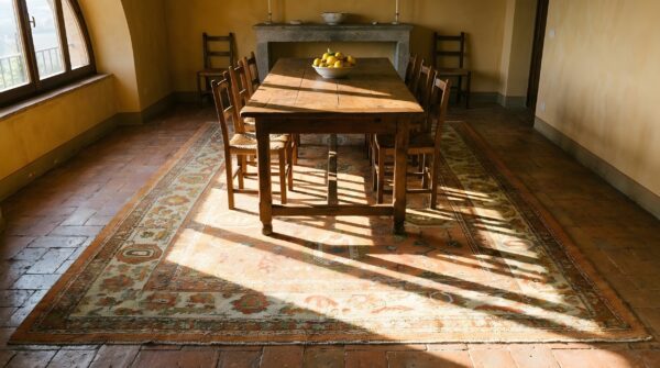 Soft coral color large scale allover tribal design antique turkish oushak area rug (sku 25647) - room view