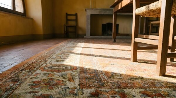 Soft coral color large scale allover tribal design antique turkish oushak area rug (sku 25647) - in-room detail