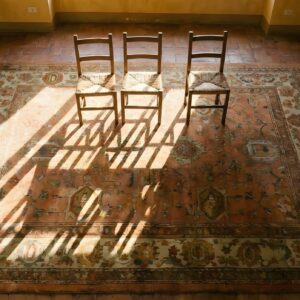 Soft Coral Color Large Scale Allover Tribal Design Antique Turkish Oushak Area Rug (SKU 25647) - styled overhead view