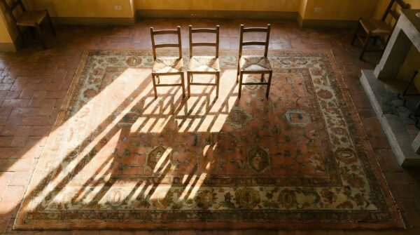 Soft coral color large scale allover tribal design antique turkish oushak area rug (sku 25647) - styled overhead view