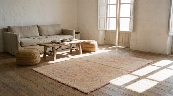 Antique soft coral color small size wool pile indian agra rug (sku 20365) - room view