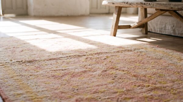 Antique soft coral color small size wool pile indian agra rug (sku 20365) - in-room detail