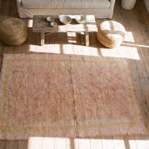 Antique Soft Coral Color Small Size Wool Pile Indian Agra Rug (SKU 20365) - styled overhead view