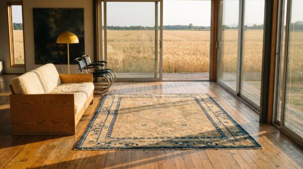 Soft cream color wool pile mid 19th century antique chinese ningxia rug 7 Soft cream color wool pile mid 19th century antique chinese ningxia rug (sku 19987) - room view