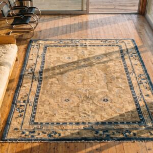 Soft Cream Color Wool Pile Mid 19th Century Antique Chinese Ningxia Rug (SKU 19987) - styled overhead view