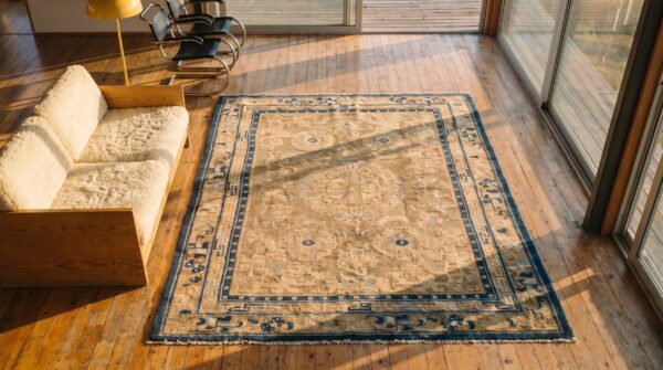 Soft cream color wool pile mid 19th century antique chinese ningxia rug 2 Soft cream color wool pile mid 19th century antique chinese ningxia rug (sku 19987) - styled overhead view