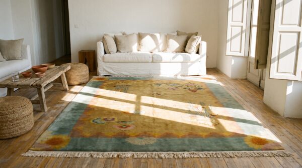 Soft decorative yellow antique calming chinese art deco rug 6 Soft decorative yellow antique calming chinese art deco rug (sku 20298) - room view