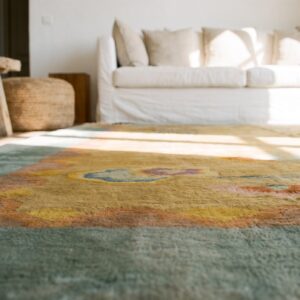 Soft Decorative Yellow Antique Calming Chinese Art Deco Rug (SKU 20298) - in-room detail