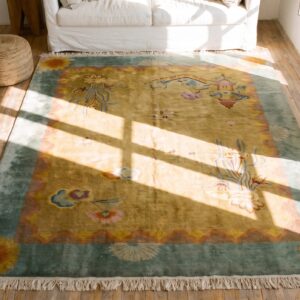 Soft Decorative Yellow Antique Calming Chinese Art Deco Rug (SKU 20298) - styled overhead view