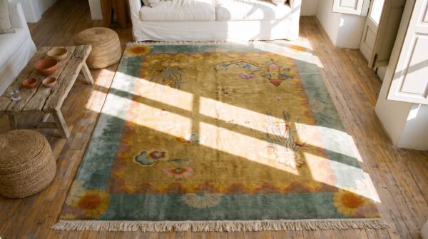 Soft decorative yellow antique calming chinese art deco rug 2 Soft decorative yellow antique calming chinese art deco rug (sku 20298) - styled overhead view