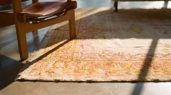 Soft decorative yellow antique room size turkish oushak rug 11 Soft decorative yellow antique room size turkish oushak rug (sku 24806) - in-room detail
