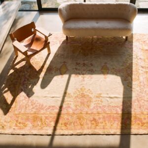 Soft Decorative Yellow Antique Room Size Turkish Oushak Rug (SKU 24806) - styled overhead view
