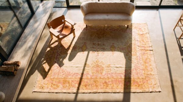 Soft decorative yellow antique room size turkish oushak rug 2 Soft decorative yellow antique room size turkish oushak rug (sku 24806) - styled overhead view