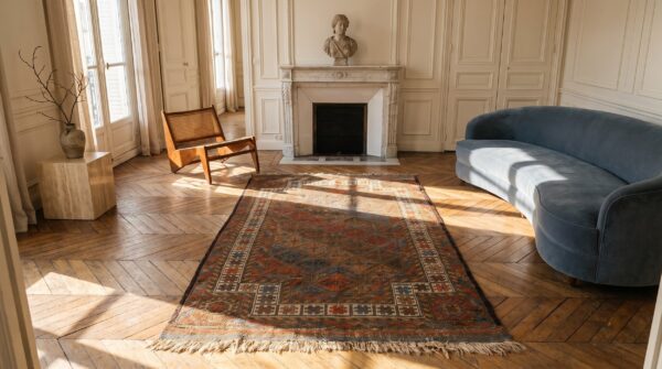 Soft earthy color antique tribal islamic prayer design baluch persian rug 5 Soft earthy color antique tribal islamic prayer design baluch persian rug (sku 21300) - room view