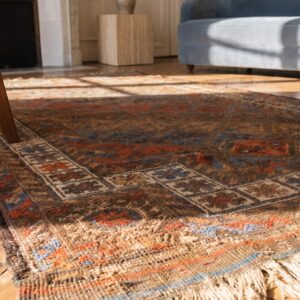 Soft Earthy Color Antique Tribal Islamic Prayer Design Baluch Persian Rug (SKU 21300) - in-room detail