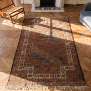 Soft Earthy Color Antique Tribal Islamic Prayer Design Baluch Persian Rug (SKU 21300) - styled overhead view