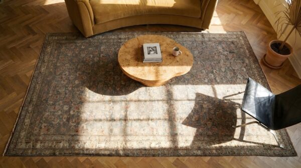 Soft gray antique herati design persian bidjar hallway runner rug (sku 23720) - styled overhead view