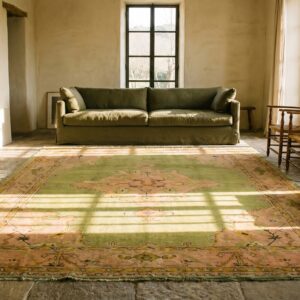 Soft Green Tribal Medallion Antique Turkish Oushak Square Rug (SKU 18737) - room view