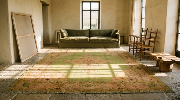 Soft green tribal medallion antique turkish oushak square rug 11 Soft green tribal medallion antique turkish oushak square rug (sku 18737) - room view