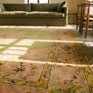 Soft Green Tribal Medallion Antique Turkish Oushak Square Rug (SKU 18737) - in-room detail