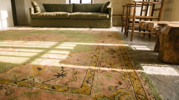Soft green tribal medallion antique turkish oushak square rug 12 Soft green tribal medallion antique turkish oushak square rug (sku 18737) - in-room detail