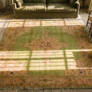 Soft Green Tribal Medallion Antique Turkish Oushak Square Rug (SKU 18737) - styled overhead view