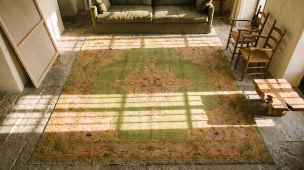 Soft green tribal medallion antique turkish oushak square rug 2 Soft green tribal medallion antique turkish oushak square rug (sku 18737) - styled overhead view